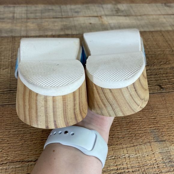 Hanna Andersson Blue Laser Cutout Slides Wood Sandals Womens 39 Slip On - Picture 16 of 16